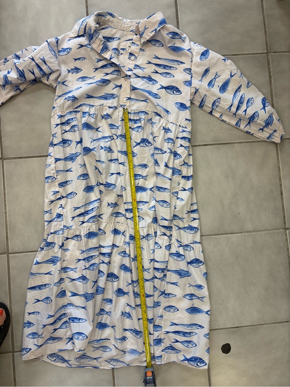 Maeve Bettina White & Blue Fish-Print Tiered Shirt Dress - Picture 11 of 13